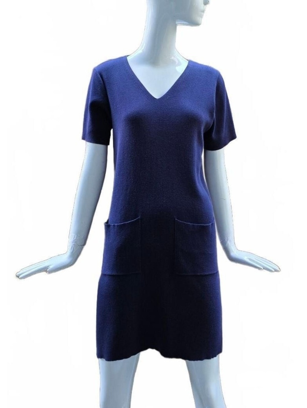 Worth New York 100% Cotton Blue Knit Dress V-Neck Shift Pockets Large